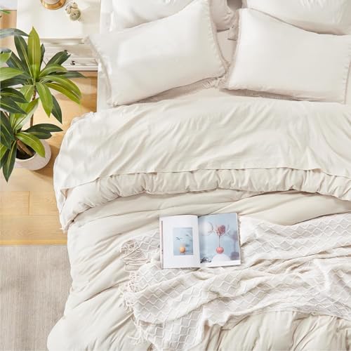 Image of Andency Oversized King Comforter Set Beige 120x98-7 Pieces Boho Tassel Bed in a Bag Soft Lightweight Bedding Sets, Fringe All Season Bed Set with Comforter, Sheets, Pillowcases & Shams