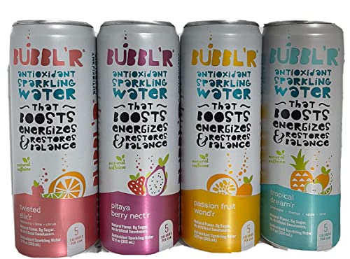 BUBBL'R Antioxidant Sparkling Water, Variety Pack (twisted elixi'r, pitaya berry nect'r, passion fruit wond'r, tropical dream'r) 12fl oz each (Pack of 12), 12 Fl Oz (Pack of 12)