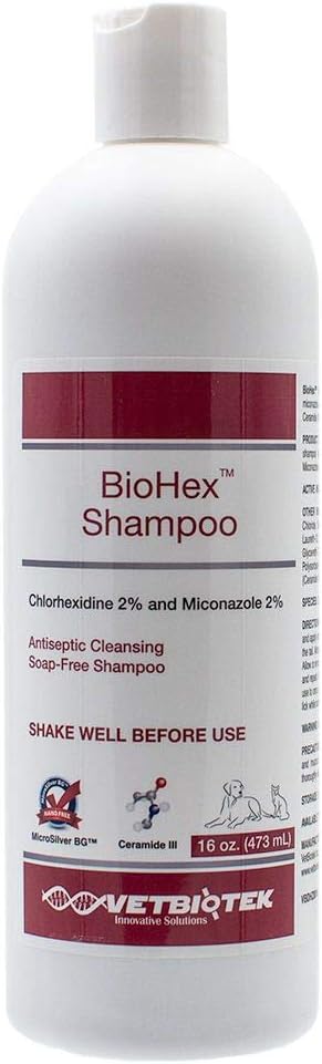 BioHex Chlorhexidine and MicroSilver Shampoo for Skin Infections in Dogs, Cats, and Horses (16 oz)