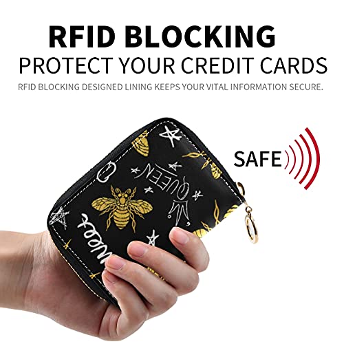 Oyihfvs Yellow Bee Sweet Bees Queen Crown Stars On Dark Credit Card Coin wallet, RFID Blocking Compact Women Leather Holder, Key Change Organizer, Zipper Purse Clutch Pouch Multi 3 4.7x3.1x0.8 Inch2