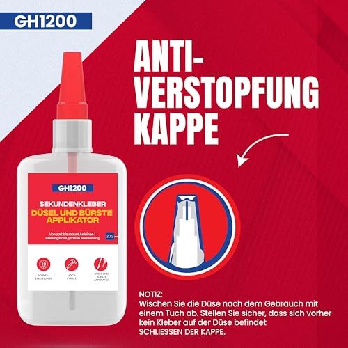 GH1200 (2-in-1) sekundenkleber extra stark mit Pinselapplikator & Düse - Superschneller & stark haftender superkleber - Cyanacrylatkleber super glue für harte Kunststoffe, DIY Handwerk und vieles mehr