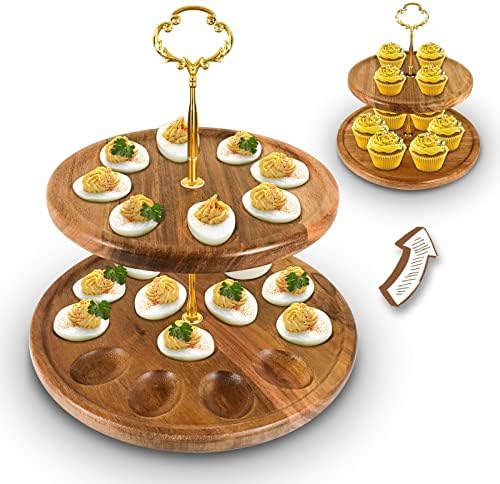 Honitra Double Wooden Deviled Egg Platter, 22 Holes Deviled Egg Plate, Reversible Deviled Egg Tray, Front as Easter & Thanksgiving Deviled Egg Container, Back as Cupcakes Stand & Serving Tray