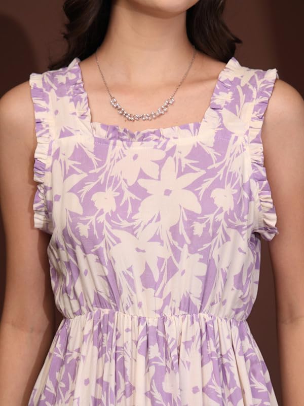 Image of Daevish New Rayon Floral Printed Flared Midi Dress for Women | Women Calf Length Dress
