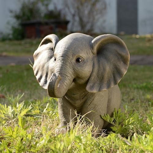 Estatua de Elefante Bebé Sentado con Trompa Hacia Arriba