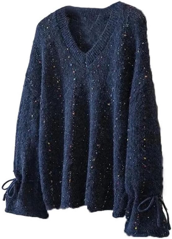 Women's Fall Winter Casual Solid Color V Neck Loose Knit Sweater Crochet Top