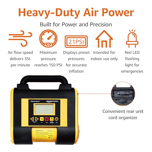 Amazon Basics Portable Car Tire Inflator with Digital Pressure Gauge, 150 PSI, 12V DC, Black view 4