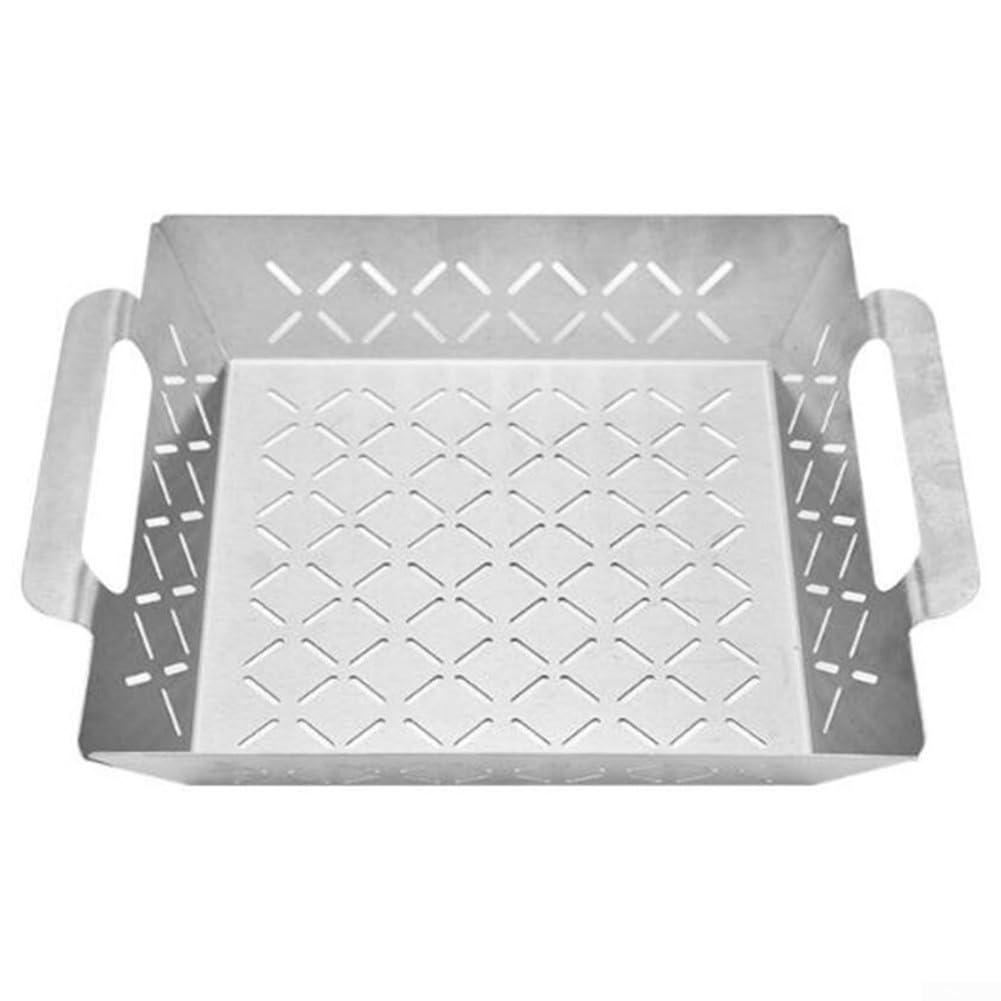 Stainless Steel BBQ Tray with Handles, Heavy Duty Grilling Basket and Baking Plate for Outdoor Barbecue, Roasting Vegetables and Meats, Easy to Clean, Silver(L)
