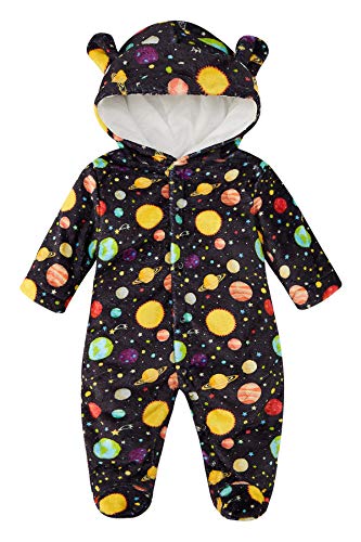 Kids4ever Baby Warm Fleece Snowsuit Bear Ear Hooded Romper Flannel Footie Pajamas (Planet, 9-12 Months)