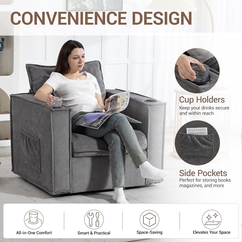Image of 32 inch Wide Swivel Accent Chair with Cup Holders, Grey | Comfy Armchair, Side Pockets, Modern Chenille Sofa Couch, Living Room, Bedroom, Corner