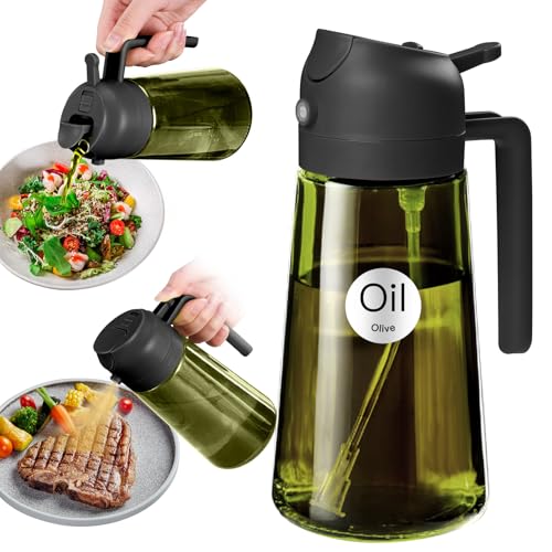 YARRAMATE 16oz/470ml Light-Blocking Dark Oil Sprayer for Cooking, 2 in 1 Olive Oil Dispenser Bottle for Kitchen, Premium Dark Green Glass Oil Bottle, Food-Grade Oil Mister for Air Fryer, BBQ (Black)