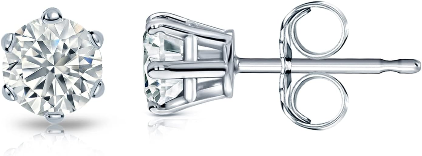 Moissanite Diamond Stud Round Cut White Gold Plated Sterling Silver Hypoallergenic