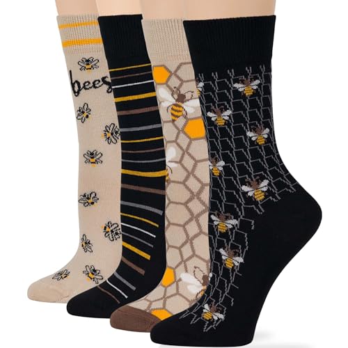 7BIGSTARS KINGDOM Womens Cotton Fun Socks - 4 Pack Medium - Bee - Honey Comb - Stripe - Sock Size: 9-11 Shoe Size: 5-9 Black Light Beige