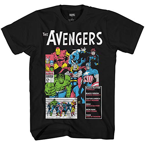 Marvel Mens Comics Group Shirt - Spiderman, Ironman, Captain America & Hulk Tee - Throwback Classic T-Shirt (Black, Small)