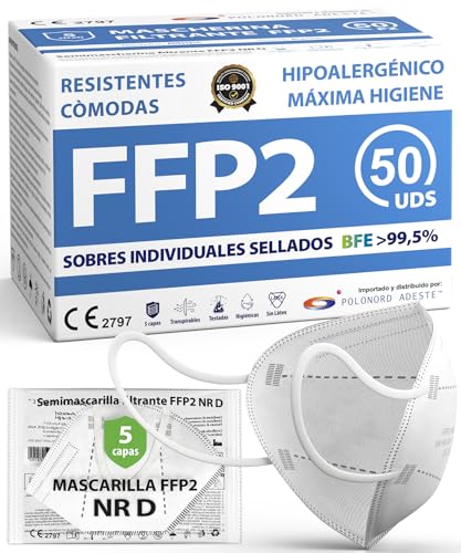 ADESTE – 50 Mascarillas FFP2 NR D Blancas con Certificado CE, cadena controlada, elásticos cómodos, hipoalergénicos y regulables. Seguras: potencia de filtrado BFE 99,5%. Sobres individuales sellados