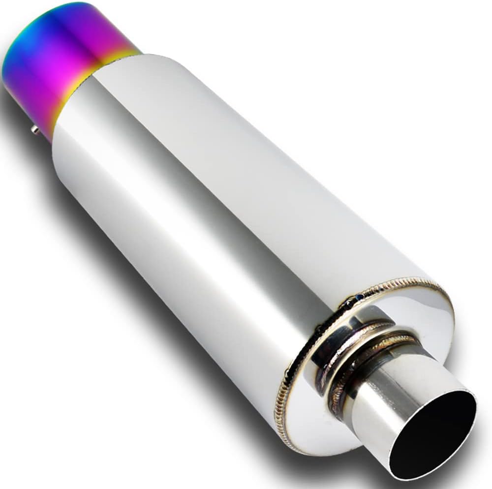 Q1-TECH, Universal 4" Rainbow Burnt Tip JDM N1 Style Muffler Hi Flow Stainless Steel Weld-On 2.5" Inlet, Muffler, Removable Silencer Pre-attached, Deep and Smooth tone
