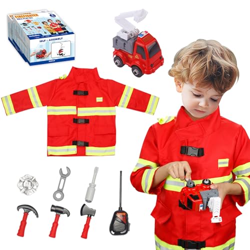 Lesheng space Firefighter Costume for Kids and Toddlers, Fire Chief Role Play Dress-Up Set, Pretend Fire Fighter Outfit With Self-assembly fire engine for Halloween