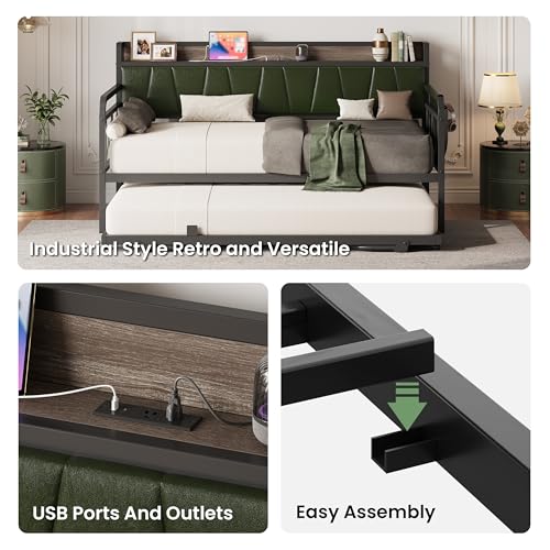Image of LIKIMIO Twin Daybed, Day Bed with Trundle, Storage Upholstered Headboard and Charging Station, Trundle Bed with Strong Supports for Living Room, Bedroom, and Guest Room, Dark Green