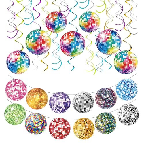 CVDYWDJIE 7 peças de couve de discoteca, 1 peça de bandeira de discoteca, decorações coloridas de discoteca, couves em espiral, acessórios de fundo para festas