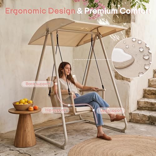Image of Patio Swing with Adjustable Canopy, Single Seat Khaki | Heavy-duty triangular steel stand frame,Weather-resistant materials for outdoor use, backyard, porch, patio, garden, and lawn