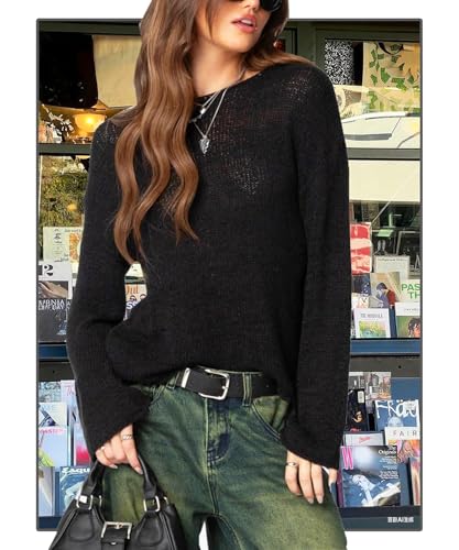 Navneet Women Boat Neck Long Sleeve Lightweight Sheer Sweater Pullover See Through Knit Poncho Top2