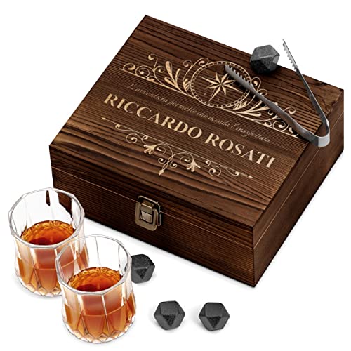 Set Pietre Per Whisky In Granito - 8 Cubetti + 2 Bicchieri + Cofanetto Legno Con Incisione