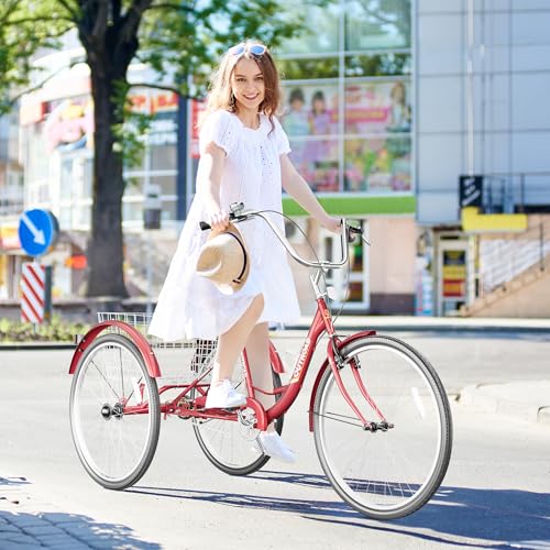 Max4out Adult Tricycle with Large Basket 24/26 Inch, Stable 3-Wheel Cruise Bicycle for Shopping, Beach and City Trike Perfect for Men, Women, Seniors -24 Red