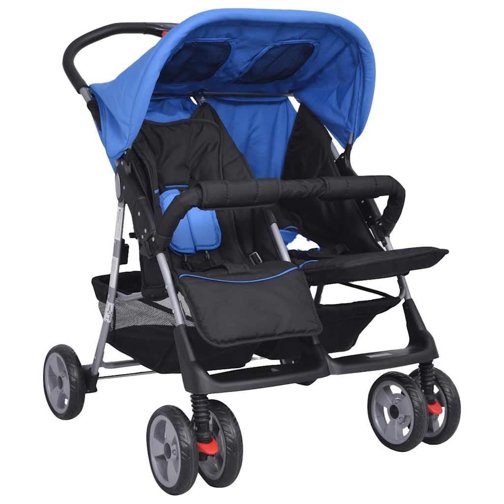 Carrito doble de acero azul y negro plegable con función reclinable y toldo, compacto y ligero para bebés y niños pequeños, ideal para la ciudad, viajes y terrenos