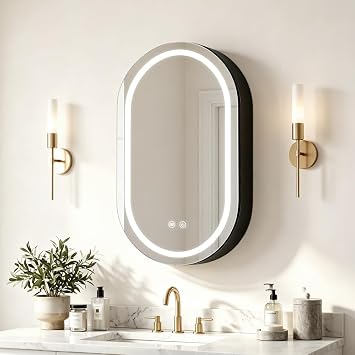 Oval LED Mirror Cabinet with Anti-Fog Function, Dimmable 3-Color Temperature Mirror Light, Interior Light, Soft-Close Hinges, USB Shaver Outlet,Metal Cabinet,41X71cm,Black