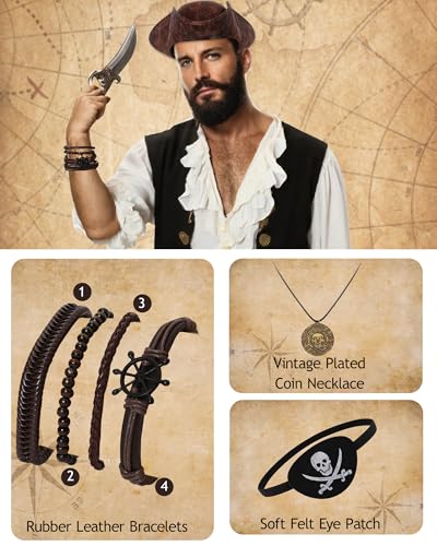 Pirate Hat and Accessories Set with Eye Patch Necklace Sash Leather Bracelets for Men Women Pirate Costume Halloween Cosplay Renaissance Outfit3