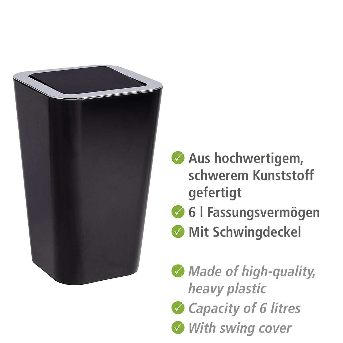 WENKO Candy Swing Cover Bin, ABS/PS, Black/Chrome, 18 x 18 x 28.5 cm - Image 2