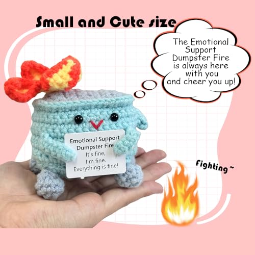 Image of RovyFota Emotional Support Crochet Dumpster Fire with Positive Card Cute Room Decor Knitted Toys Funny Crochet Support Buddies Gifts for Friends (Blue)