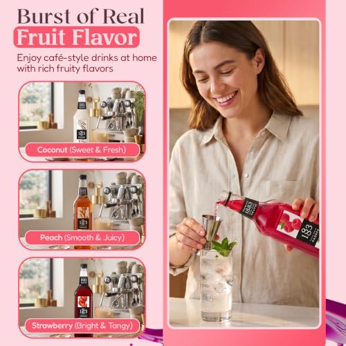 Image of 1883 Strawberry, Raspberry, Peach, Coconut Syrups (Soda Flavors) for Drinks - 1 Liter Plastic Bottles (Pack of 4)