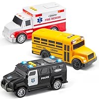 Vroomix 3-Pack Emergency and School Vehicle Toy Set – Friction Powered Police Car, Ambulance, and Student Bus with Lights and Sounds – Educational and Safe Toy for Kids, Ideal Gift for Boys and Girls