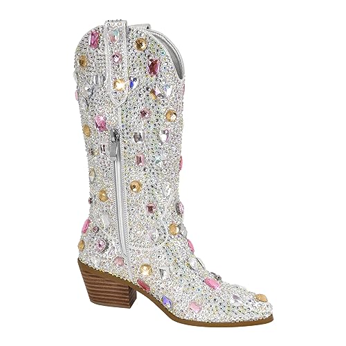 Image of Richealnana Sparkly Rhinestones Cowboy Cowgirl Style Boots Calf High Boots for Women 2INCH Heeled Shining Pull On Tabs