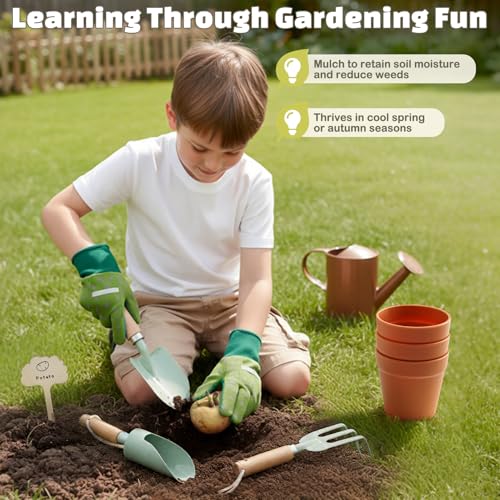Image of Kids Gardening Set, Quality Gardening Tools Outdoor Toys Set for Kids Toddler, Includes Tote Bag, Gloves, Watering Can, Shovel, Rake, Cultivator, Garden Tool Kit Learning Outdoor Gifts for Boys Girls