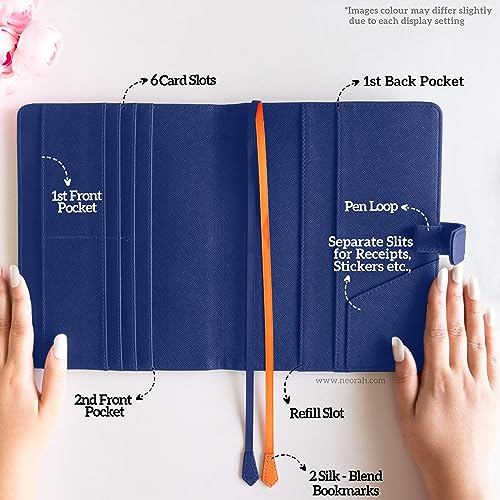 Image of NEORAH - A6 Notebook SLEEVE with SNAP Button - [ SLEEVE ONLY ]|Vegan Leather|Office Diary Holder with Penloop| 2 Front & 1 Back Pocket | 4 Card Slots |2 BookMarks - Fits any A6 Softcover - DARK BLUE