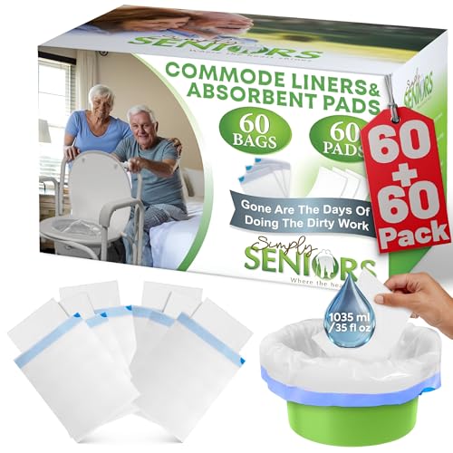 Commode Liners with Absorbent Pads - 60 Bedside Commode Liners & Pads - FSA HSA Portable Toilet Bags for Porta Potty & Camping - No More Days Washing The Bucket of Commode Chair for Toilet with Arms