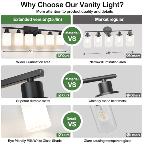 Image of MOKATNG 6-Light Bathroom Light Fixtures, Vanity Light with Milky White Shades, Matte Black Bathroom Light Fixtures Over Mirror, Modern Bathroom Wall Lamp for Mirror Living Room Cabinet Bedroom