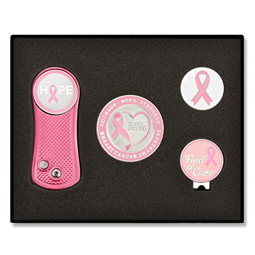 PinMart's Breast Cancer Awareness Golf Essentials Gift Set, Golf Divot Tool, Hat Clip, Magnetic Ball Markers, Large Ball Marker with Presentation Box- Gifts and Accessories for Men and Women