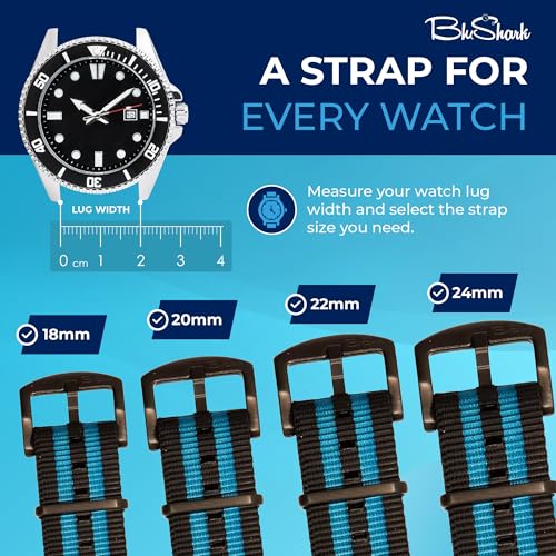 Image of BluShark - Original Collection Military-Style Waterproof Watch Strap, Fits All Timepiece Brands, Durable Nylon Wristwatch Accessories with Stainless Steel Buckle - 18mm, 20mm, 22mm & 24mm Watch Bands