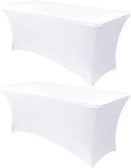 Obstal 4Ft Stretch Spandex Table Cover for Standard Folding Tables - 2 Pack Universal Rectangular Fitted Tablecloth for Party, Banquet, Events, Trade Show (White, 48L x 24W x 30H Inches)