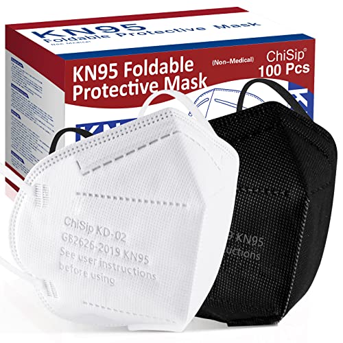 ChiSip KN95 Face Mask 100Pcs, 5 Layer Design Cup Dust Safety Masks, Breathable Protection Masks Against PM2.5 Dust for Adult, Men, Women, Black & White
