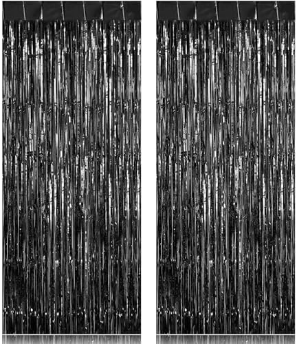 Image of 2 Pack Fringe Curtains Backdrops, Foil Fringe Curtains, Door Streamers for Birthday Wedding Bridal Shower Holiday Graduation Party Decorations, Photo Booth Backdrops, Black