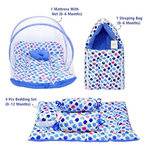 Image of Fareto Combo of Baby Bed with Net | Carry Bag | 4 Pcs Bedding Set (0-6 Months, Baby Size, Cotton) (Blue Apple)
