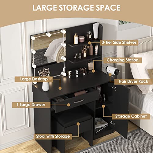 Image of Makeup Vanity Desk with Lighted Mirror & Power Strip,Makeup Vanity Table with Lights and Lots Storage,3 Lighting Modes,35in Large Drawers Vanity Table,Black