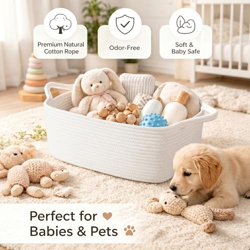 Image of OIAHOMY Cotton Rope Gift Basket Empty with Bags & Ribbons, Woven Baby Shower Basket for Nursery & Pet Toys, Ideal Personalized Gift for Holidays, Birthdays & Decor, White