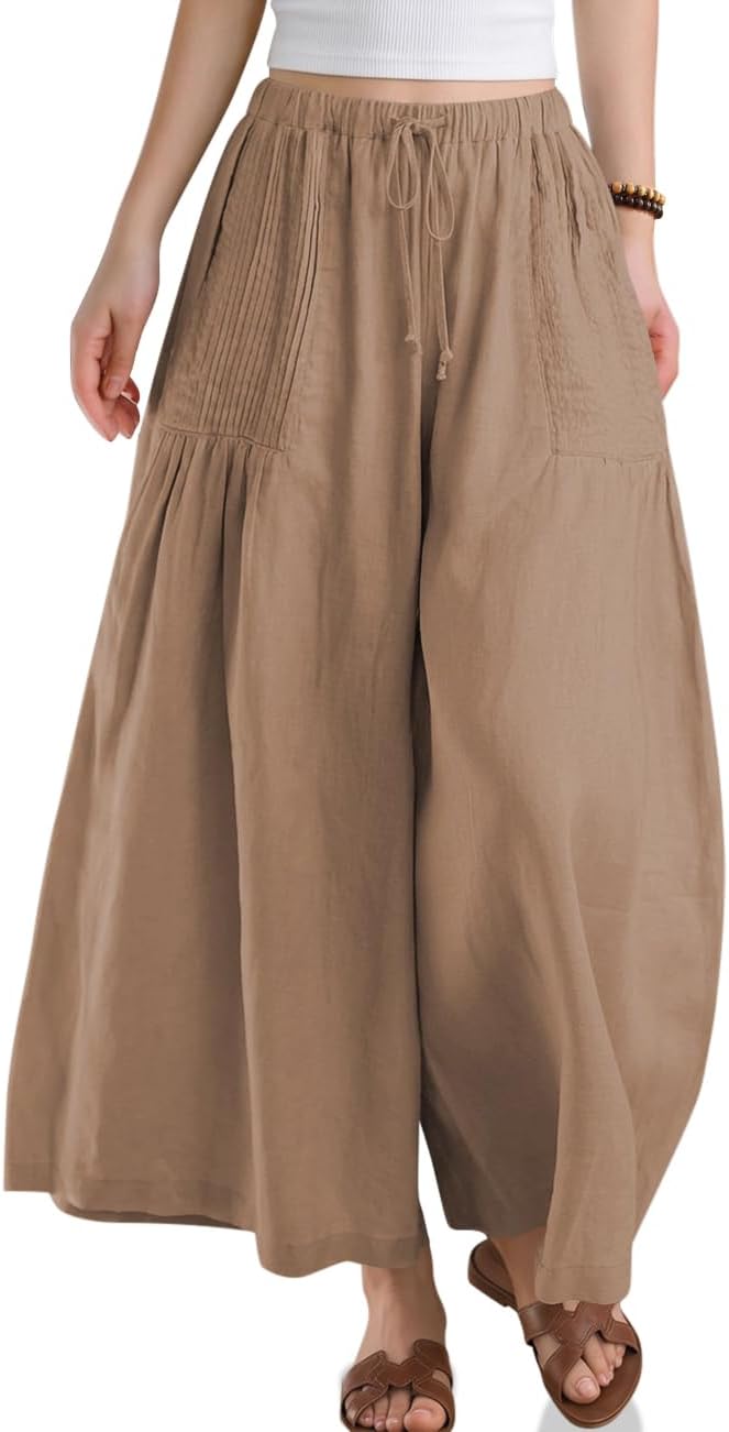 TARSE Womens Linen Wide Leg Cropped Pants Baggy Palazzo Boho Casual Elastic Waist Summer Beach Skirt Pants with Pockets