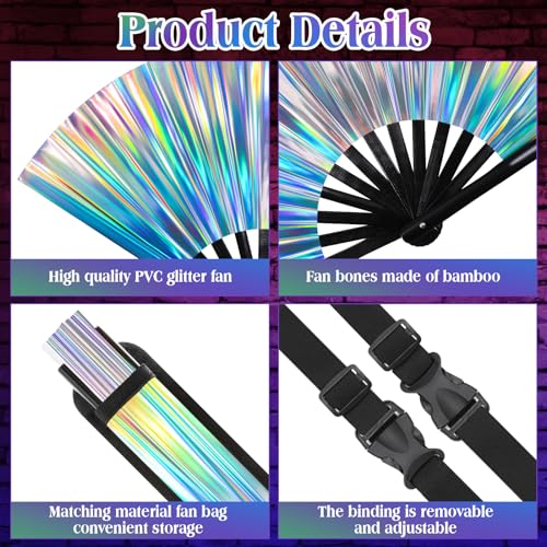 Image of FairySandy Large Rave Fan UV Glow Clack Summer Hand Fan with Thigh Holster for Women Carnival Party Supplies for Carnival Edm Music Festival Club Accessories(Laser,Laser Color)