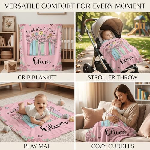 Image of Personalized Baby Blankets with Name, Customized Name Blanket for Newborn Boys Girls, Personalized Baby Gifts for Birthday, Easter, Christmas, Custom Book Reading Blanket, Bookworm Gifts