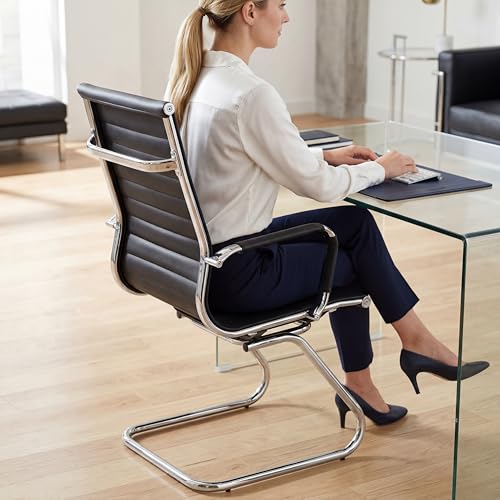 Image of Conference Room Chairs Set of 8, Faux Leather Office Guest Chairs with Arms, Reception & Waiting Room Seating, No Wheels Meeting Chairs with Mid Back Support and Chrome Sled Base, Black